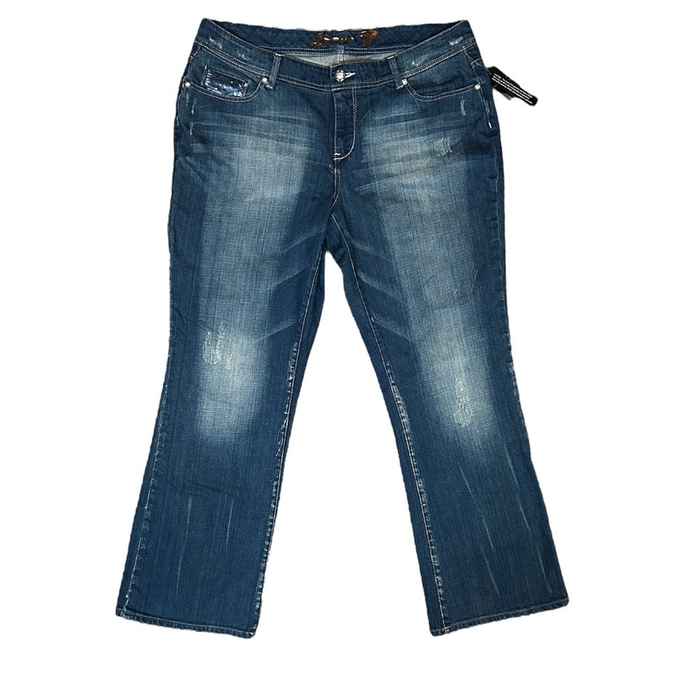 Seven7 Blue Boot Cut Jeans with Blue Sequin Pocket Details and Vintage Fading
